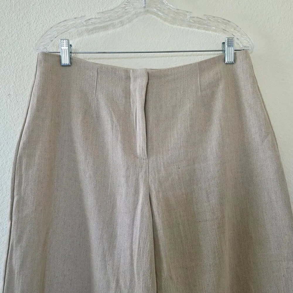 Zara Wide Leg Pants Beige Women Size L Linen Cotton Blend High Rise